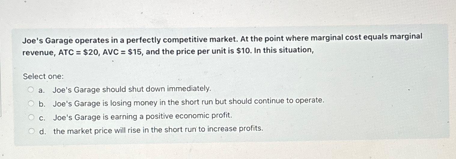 Solved Joe's Garage operates in a perfectly competitive
