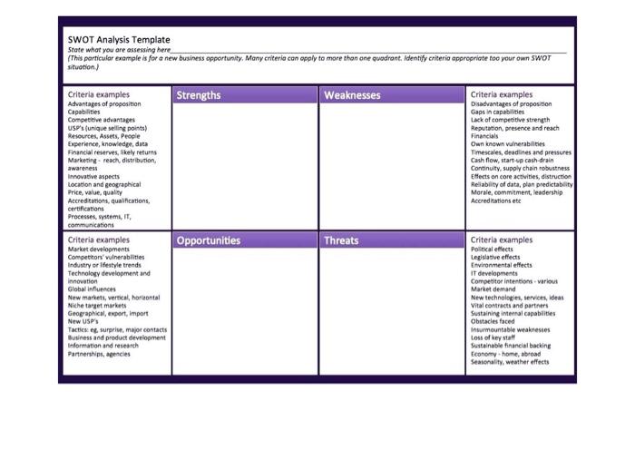 Solved Swot Analysis Template State What You Are Assessing 