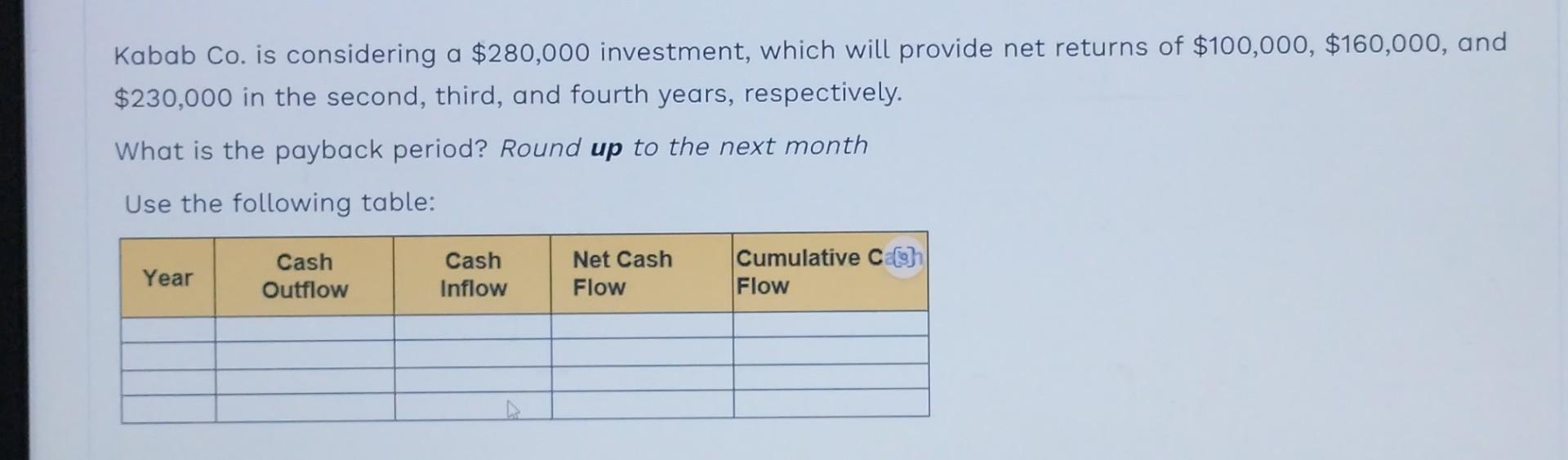 Solved Kabab Co. Is Considering A $280,000 Investment, Which | Chegg.com