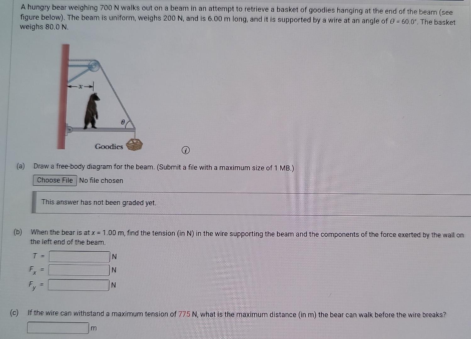 Solved A hungry bear weighing 700 N walks out on a beam in | Chegg.com