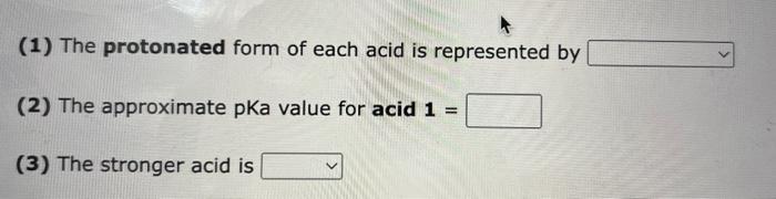 (1) The protonated form of each acid is represented by
(2) The approximate pKa value for acid \( \mathbf{1}= \)
(3) The stron