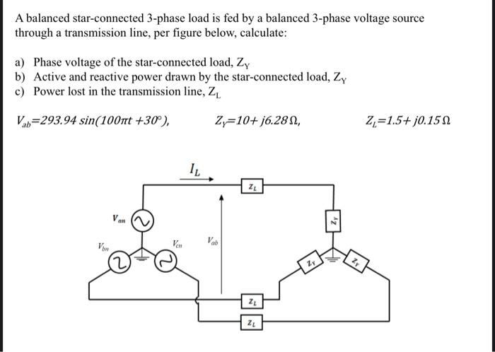 A balanced star-connected 3-phase load is fed by a balanced 3-phase voltage source through a transmission line, per figure be