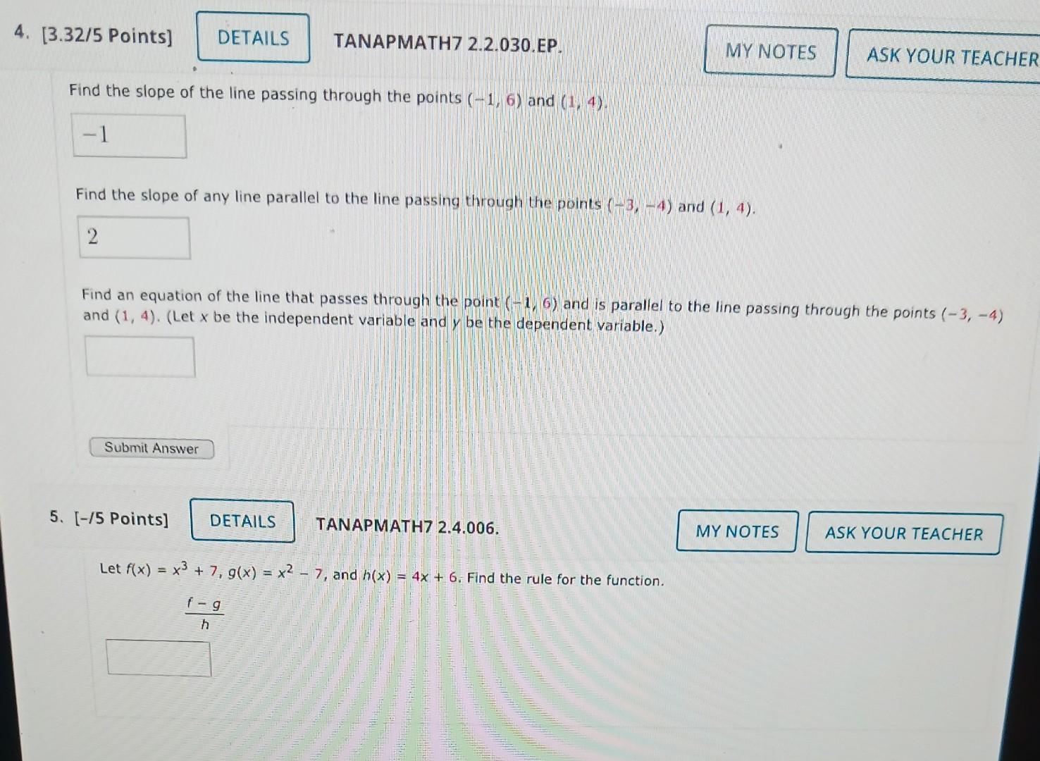 slope of line passing through points 3 2 and 1 4 is