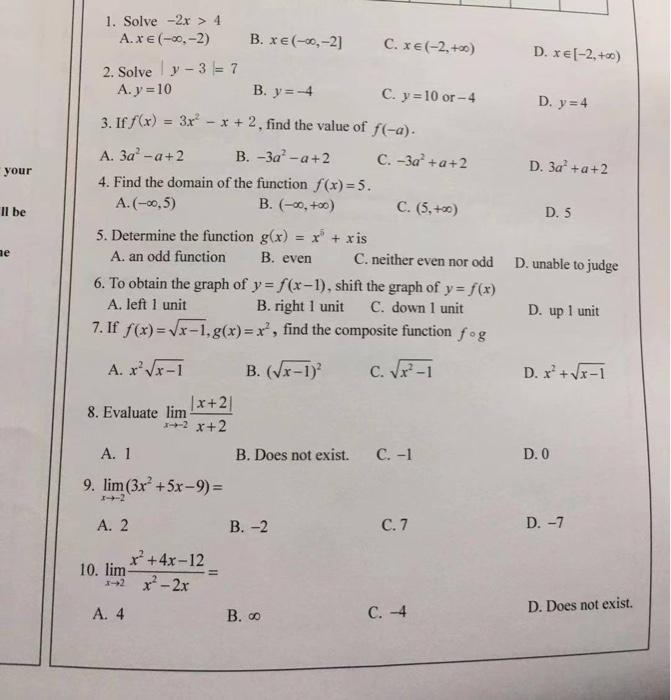 Solved D. re[-2, +2) D. y = 4 your D. 3a +a+2 1. Solve -2x > | Chegg.com