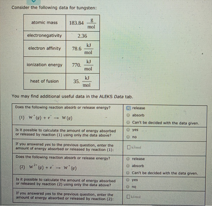 Solved Consider The Following Data For Tungsten Atomic M...