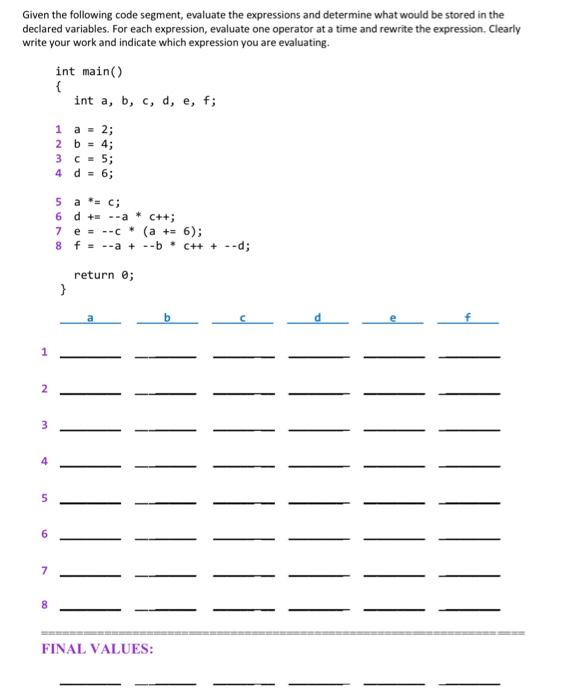 Solved Given the following code segment, evaluate the | Chegg.com