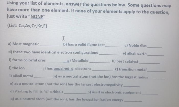 Solved Using your list of elements, answer the questions | Chegg.com