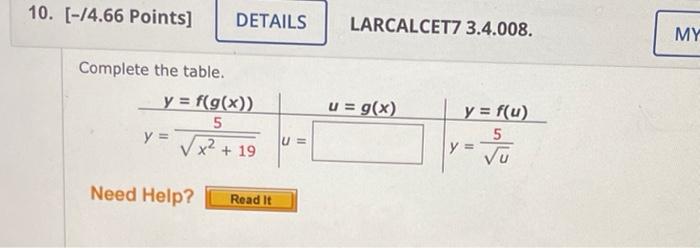 LARCALCET7 \( 3.4 .008 . \) Complete the table. \[ \begin{array}{c|c|c} y=f(g(x)) & u=g(x) & y=f(u) \\ \hline y=\frac{5}{\sqr