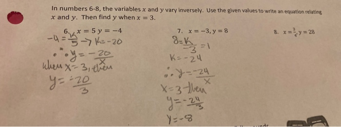 In Numbers 6 8 The Variables X And Y Vary Inversely Chegg Com