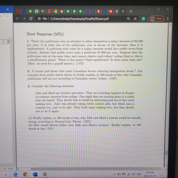 Solved 1 Three City Politicians Vote On Whether To Allow Chegg Com