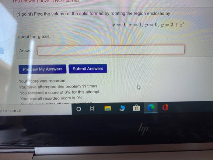 Solved The answer above is (1 point) Find the volume of the | Chegg.com