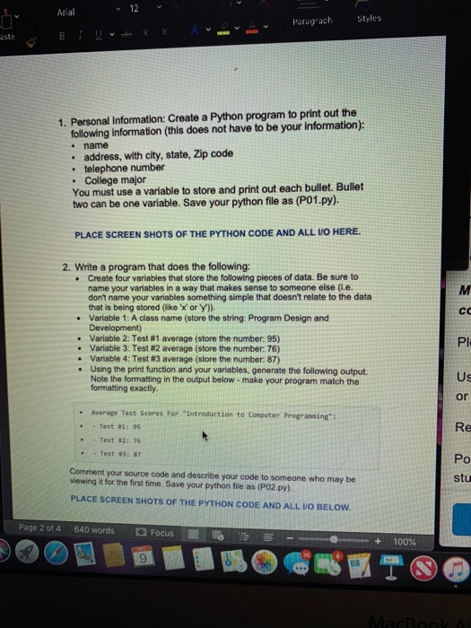 Solved Arial 12 Paragraph Styles 1. Personal Information: | Chegg.com