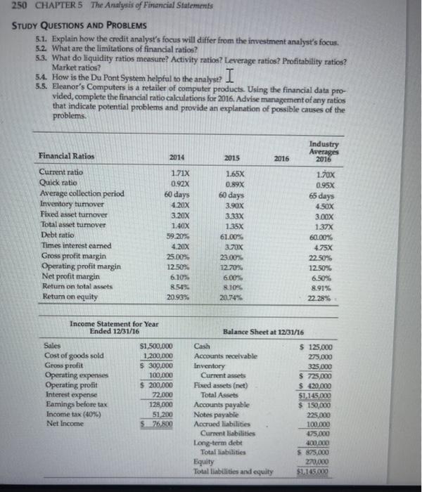 Solved 250 CHAPTER 5 The Analysis of Financial Statements | Chegg.com