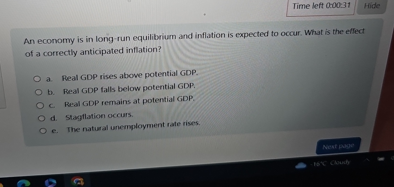 Solved Time left 0:00:31HideAn economy is in long-run | Chegg.com