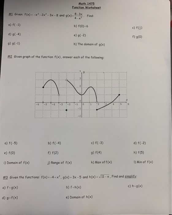 Math 1475 Function Worksheet 1 Given F X Chegg Com