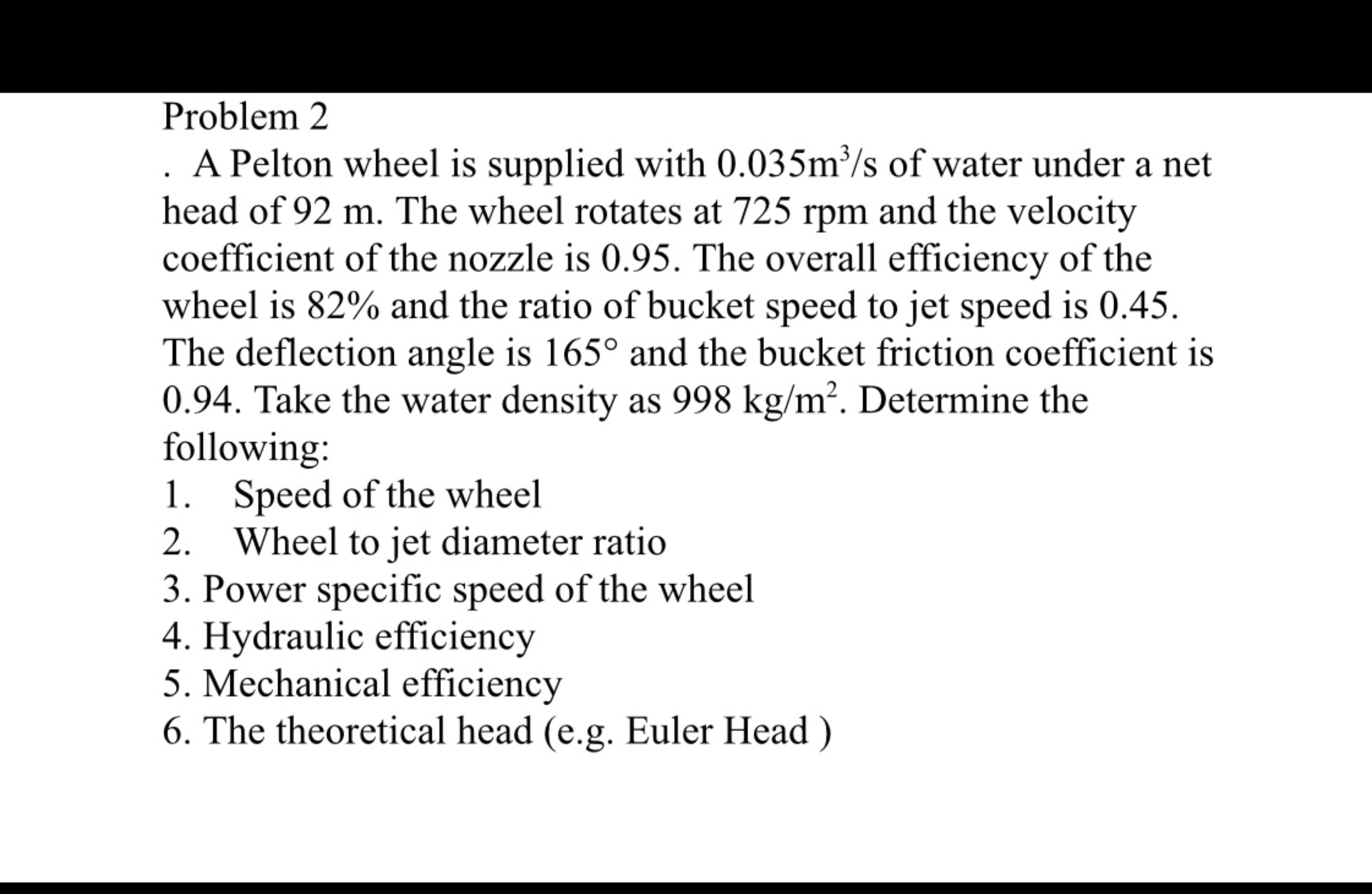 Problem 2. ﻿A Pelton wheel is supplied with 0.035m3s
