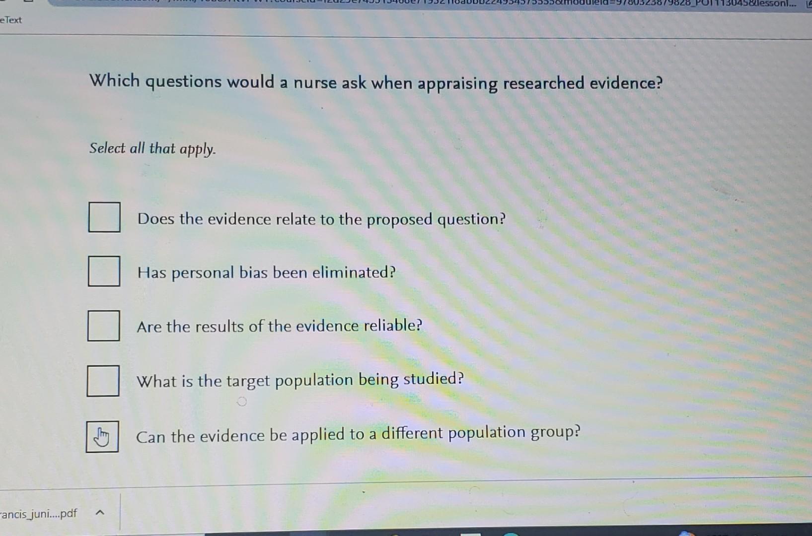 Which questions would a nurse ask when appraising | Chegg.com