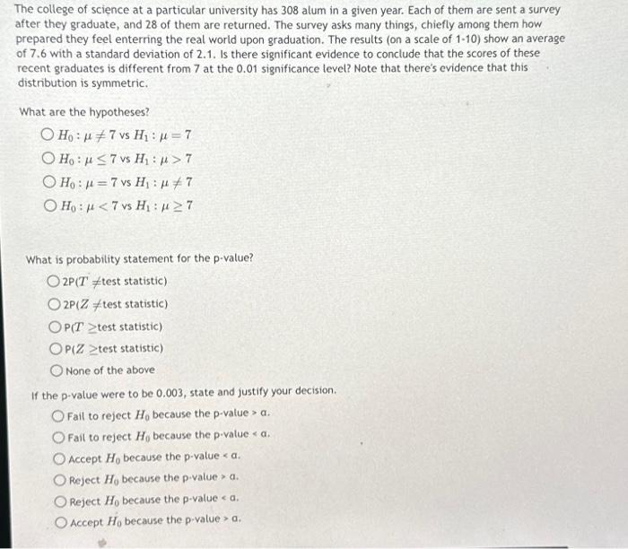 Solved The college of science at a particular university has | Chegg.com