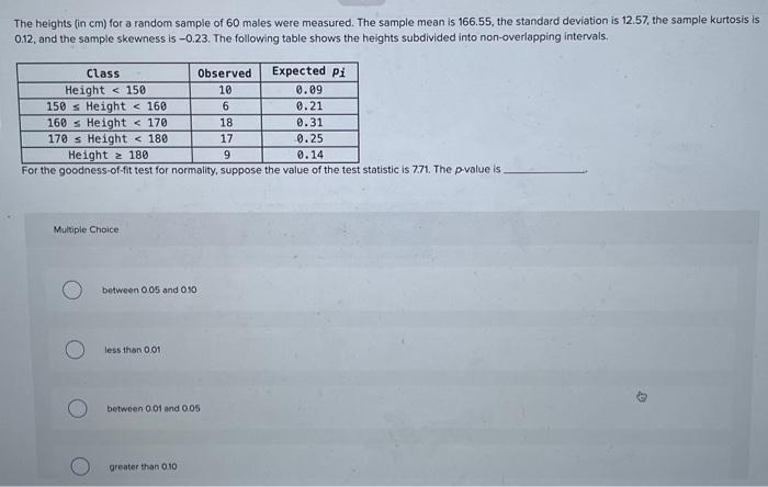 Solved The heights (in cm ) for a random sample of 60 males | Chegg.com