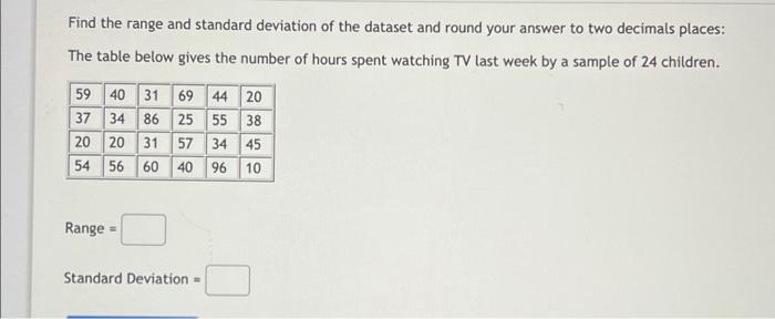 Solved Find the range and standard deviation of the dataset | Chegg.com