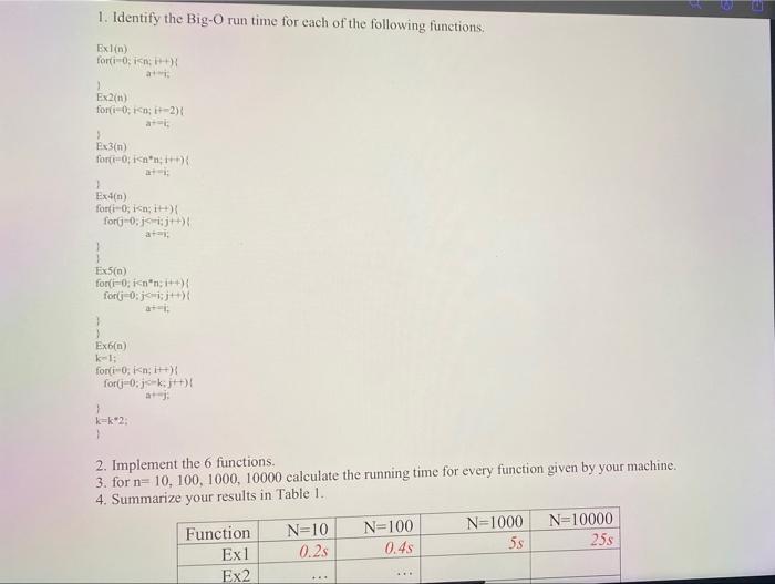 Solved 1. Identify the BigO run time for each of the