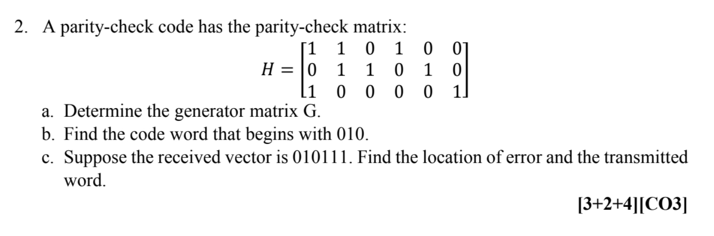 Solved A Parity-check Code Has The Parity-check | Chegg.com