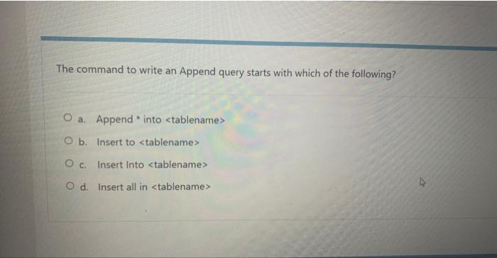 Solved The command to write an Append query starts with | Chegg.com