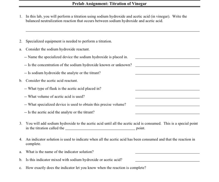 pre lab assignment titration of vinegar