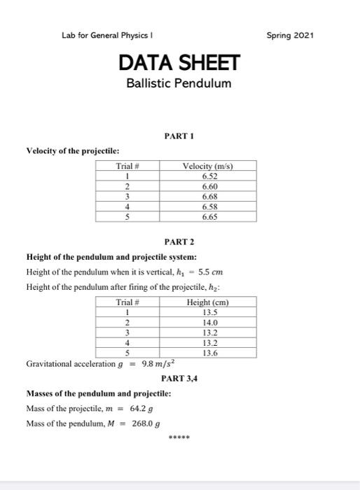 Solved Spring 2021 Lab for General Physics DATA SHEET | Chegg.com