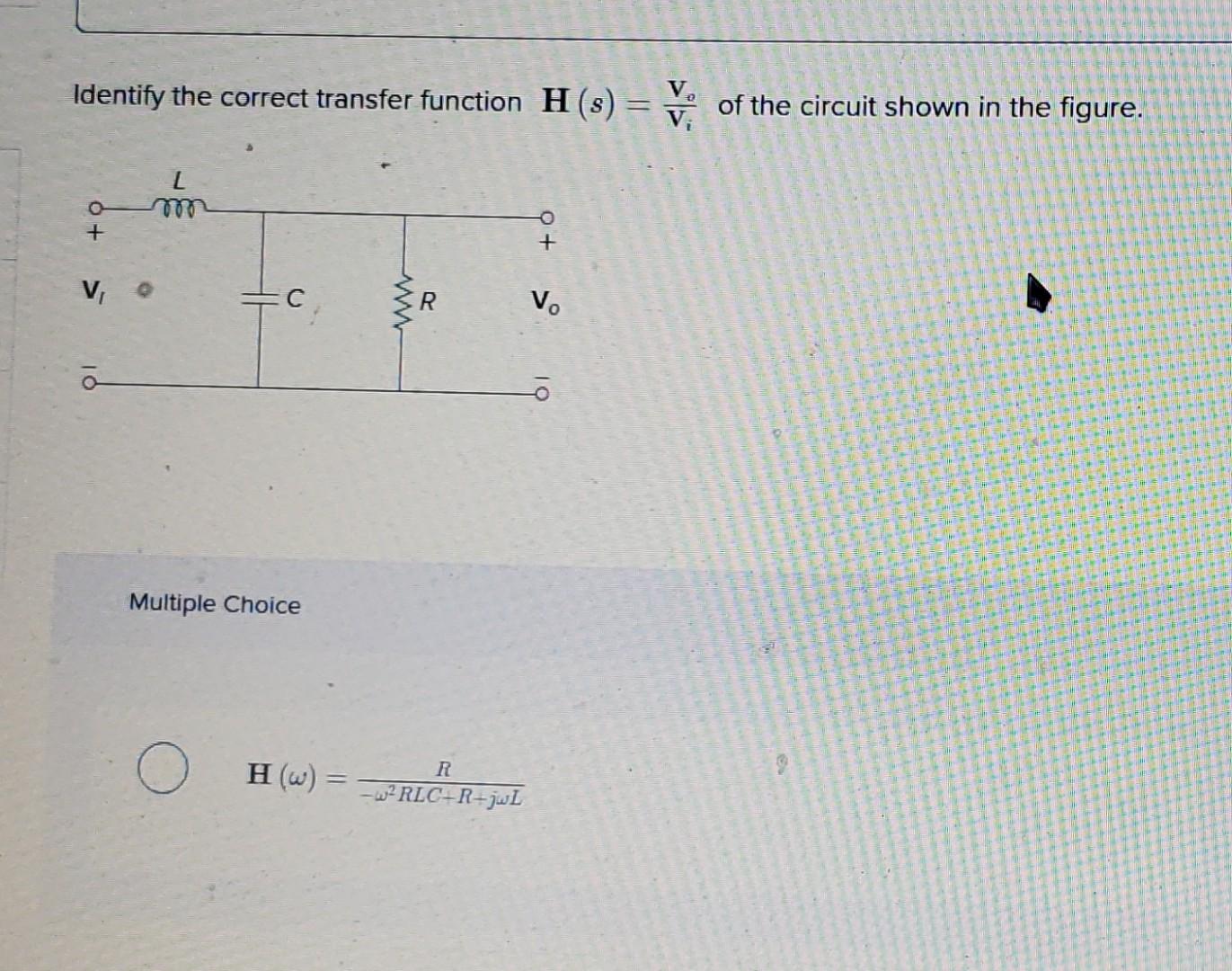 Solved Identify the correct transfer function H(s) = V of | Chegg.com
