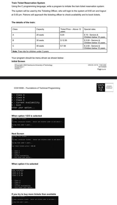 Solved Train Ticket Reservation System Using the C | Chegg.com