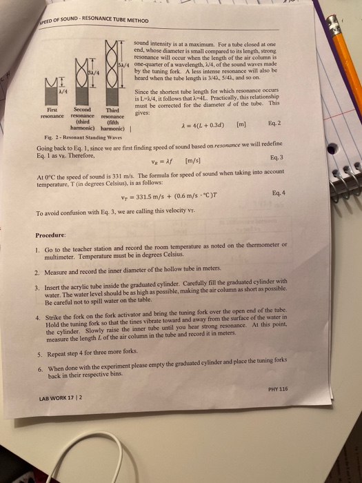 Solved SPEED OF SOUND RESONANCE TUBE METHOD Analysis and