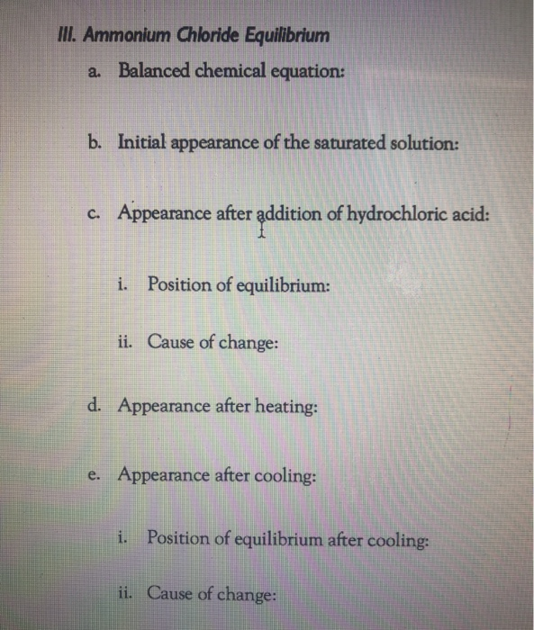 Solved III. Ammonium Chloride Equilibrium a. Balanced