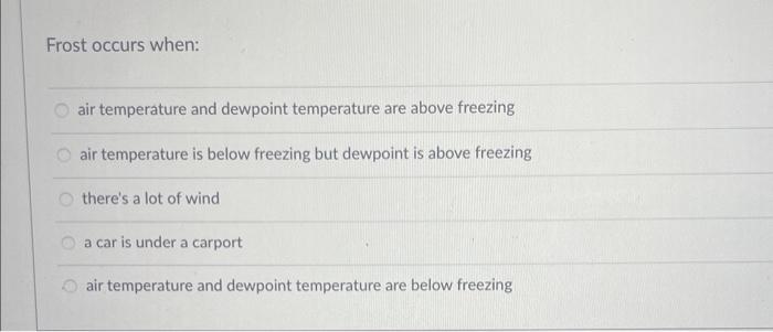 Solved Frost occurs when: air temperature and dewpoint | Chegg.com