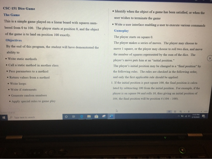 Solved CSC151 Dice Game The Game This is a simple game | Chegg.com