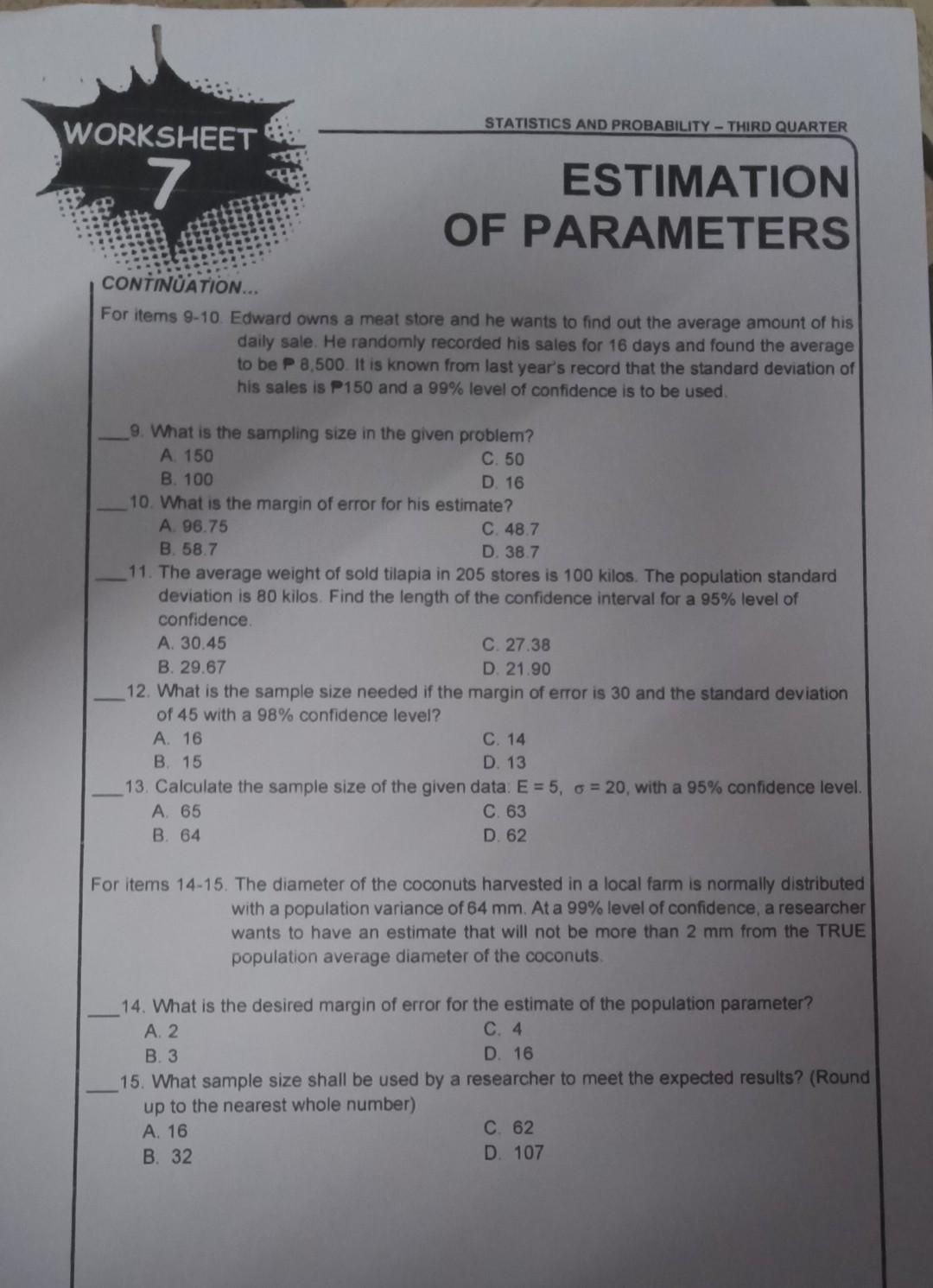 Solved Statistics And Probability Third Quarter Workshe Chegg Com