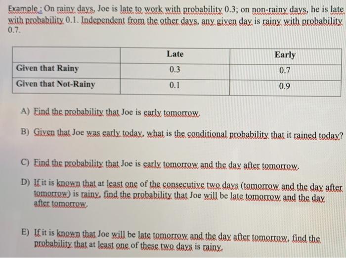 Solved Example: On rainy days, Joe is late to work with | Chegg.com