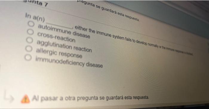 In a(n) autoimmune dither the cross-reaction agglutination reaction allergic response immunodeficiency disease 1. A pasar a o