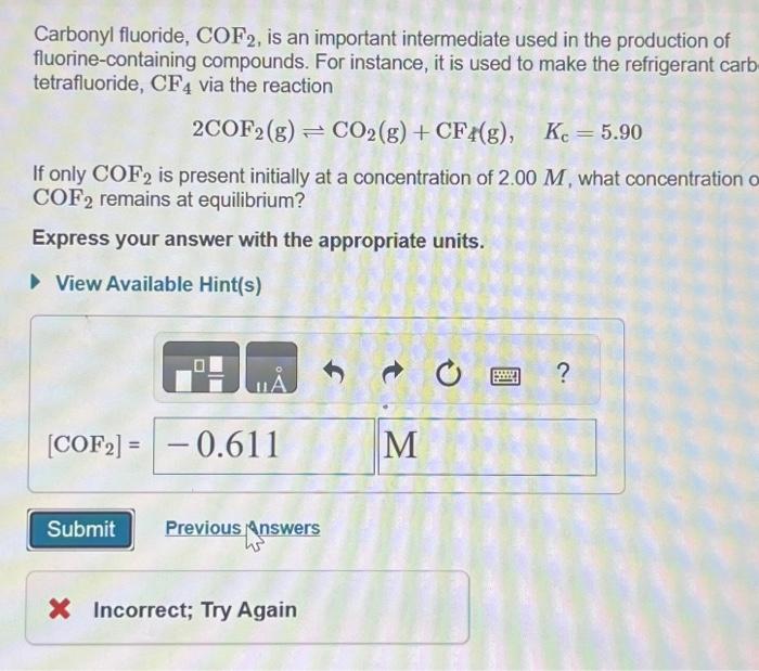 Solved Carbonyl Fluoride, COF2, Is An Important Intermediate | Chegg.com