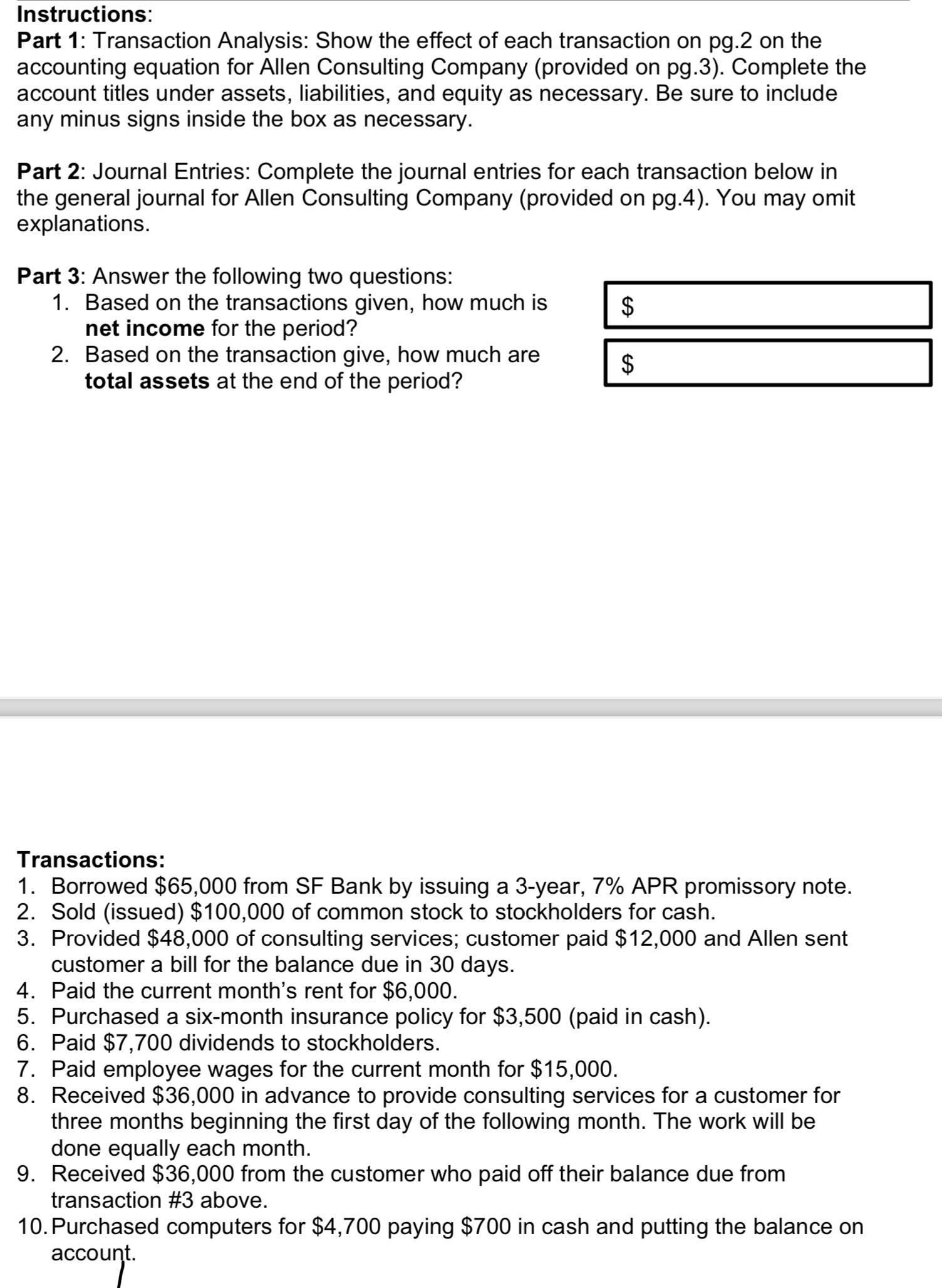 Solved Instructions:Part 1: Transaction Analysis: Show the | Chegg.com