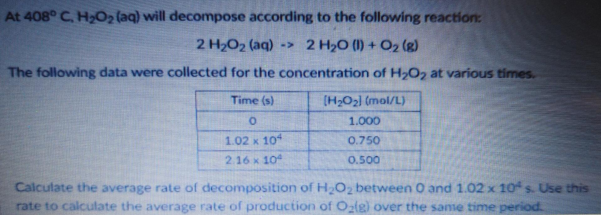 Solved At 408° C. H2O2 (aq) will decompose according to the | Chegg.com
