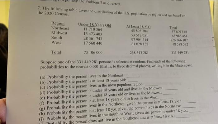 Solved RSS Do Problem 7 as directed 7. The following table | Chegg.com