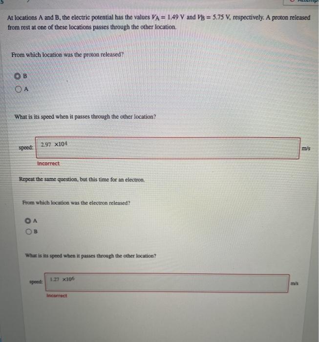 Solved At locations A and B, the electric potential has the | Chegg.com