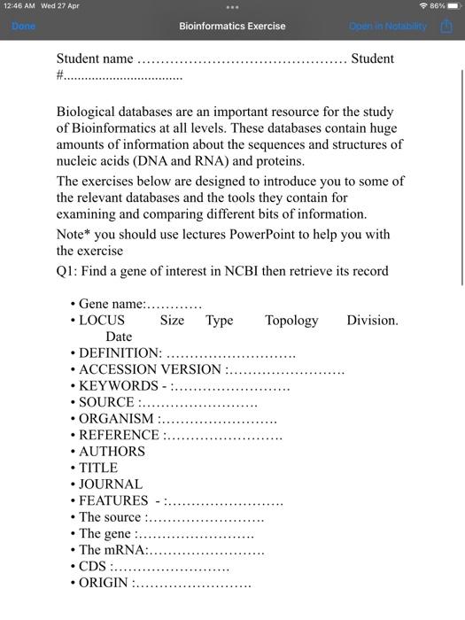 Solved 12:46 AM Wed 27 Apr 86% Done Bioinformatics Exercise | Chegg.com