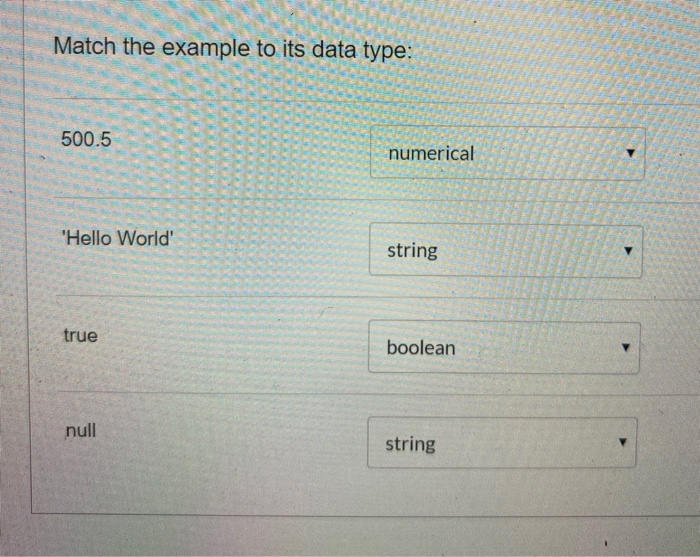 Solved Match the example to its data type: numerical 
