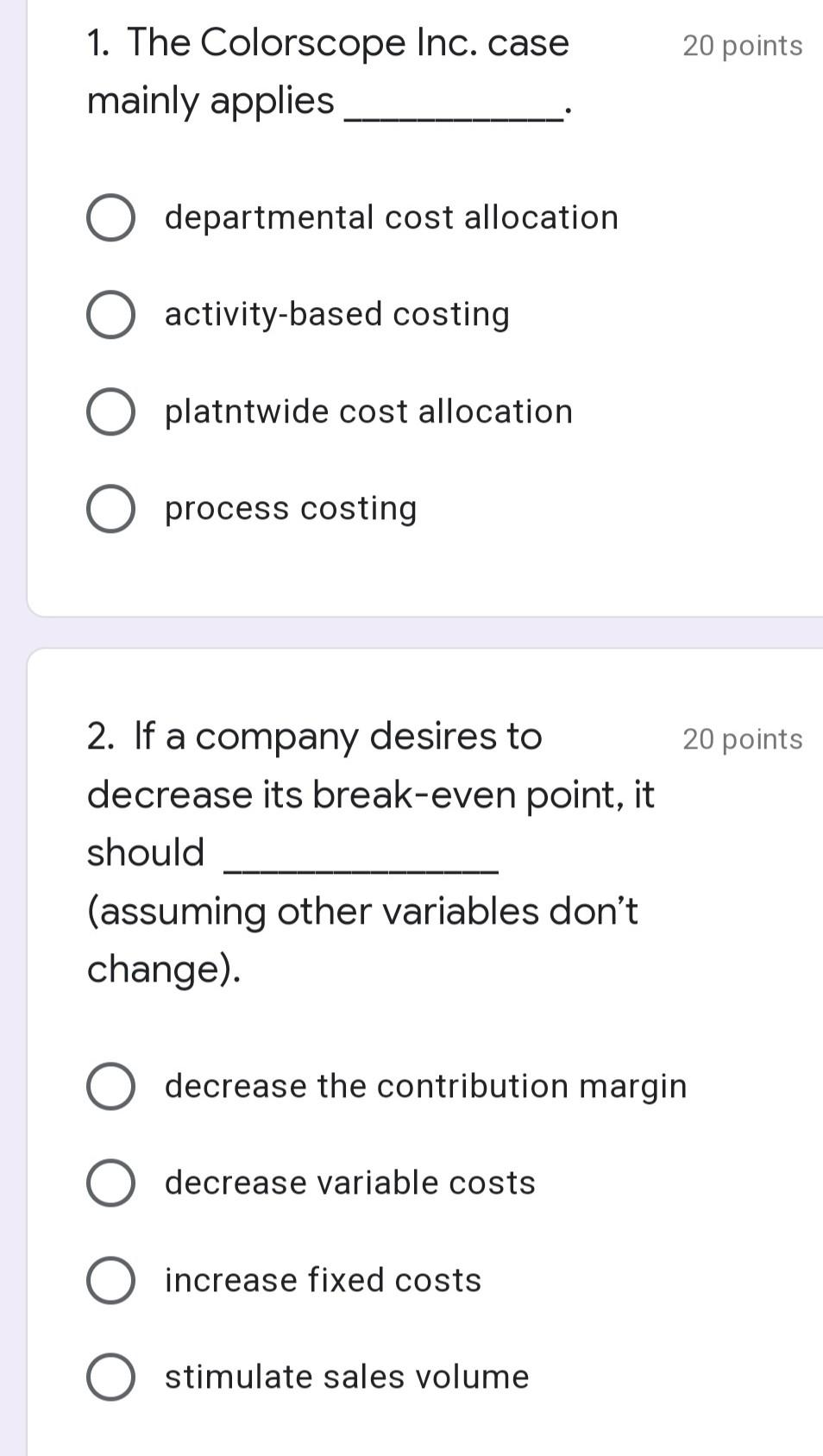 Solved 20 points 1. The Colorscope Inc. case mainly applies | Chegg.com