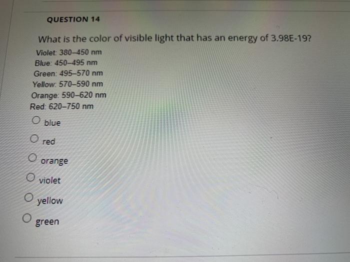 Solved QUESTION 14 What is the color of visible light that | Chegg.com