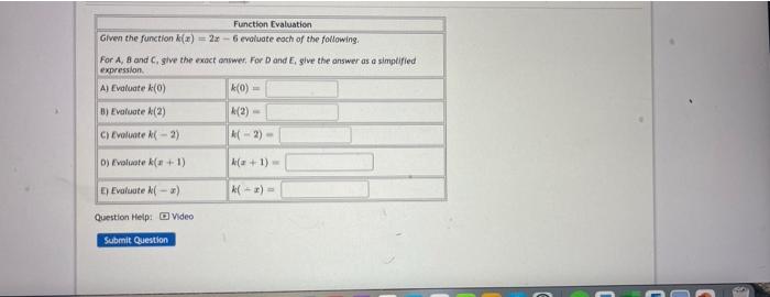 Solved Function Evaluation Given the function () 2 - 6 | Chegg.com
