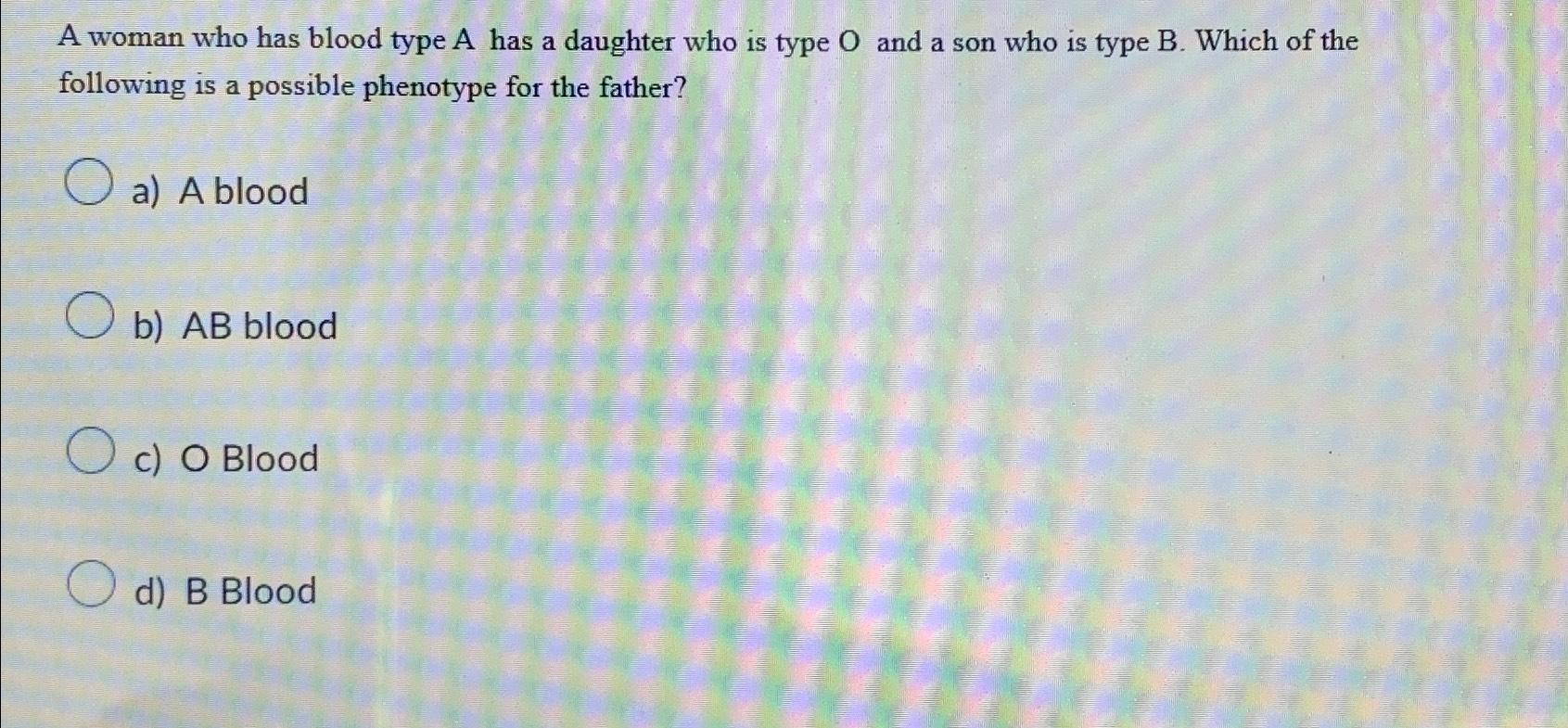 Solved A woman who has blood type A has a daughter who is | Chegg.com