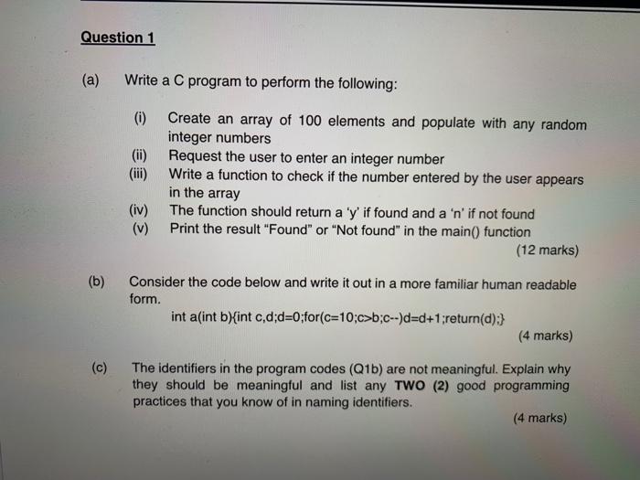 Solved Question 1 (a) Write a C program to perform the | Chegg.com